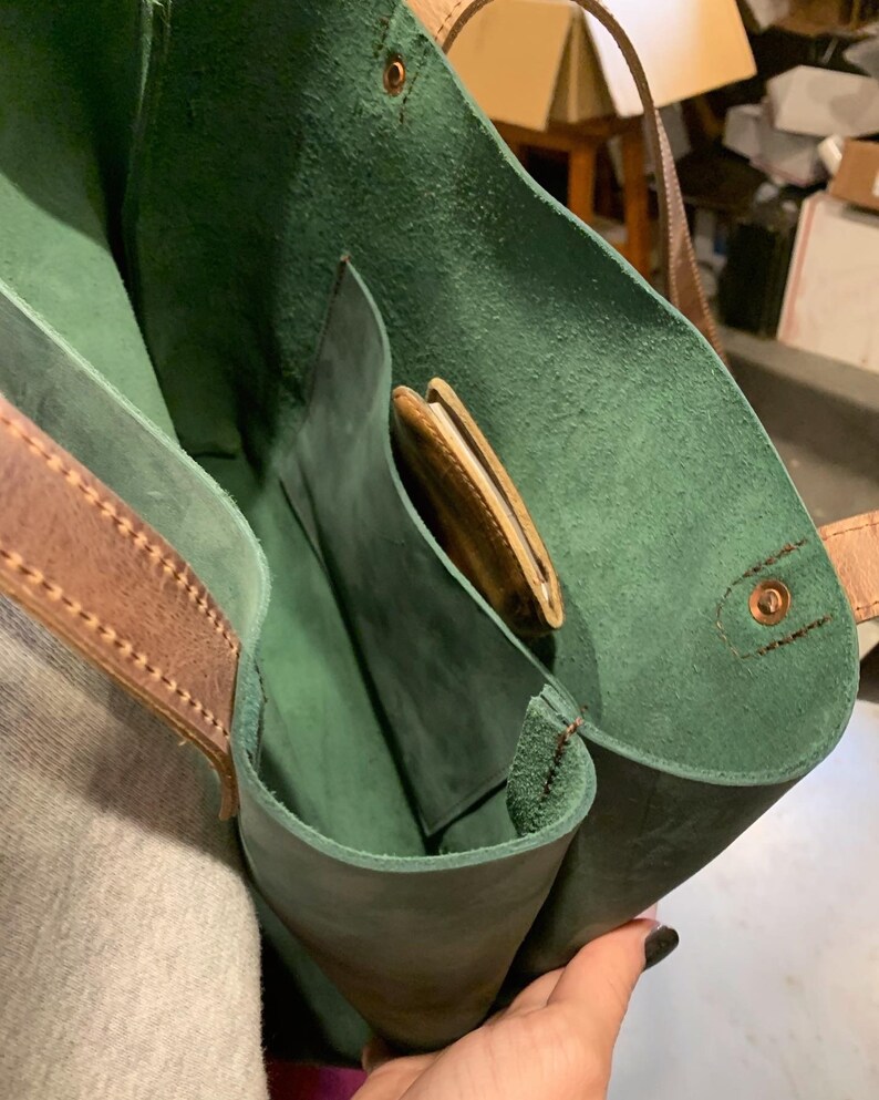 Green Leather Tote Bag Shoulder Bag Free Shipping Handmade Women's Handbag Brown Handles Front & Inside Pocket Made in USA 画像 5