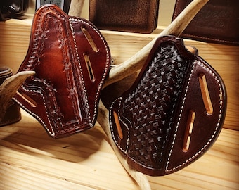 Leather Holster - Handmade / Hand Tooled Basket Weave - Pancake Style - Free Shipping - Handmade Amish - Made in USA