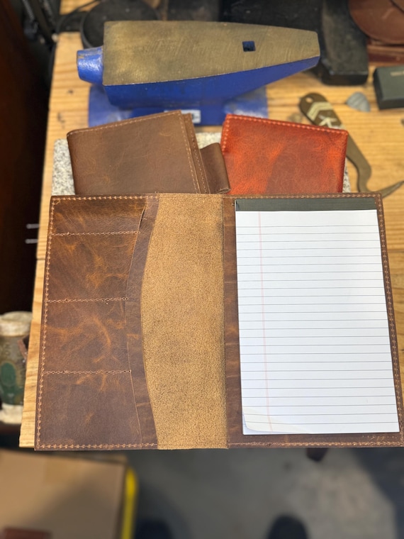 Leather Notepad Cover, Card Slots, Handmade Rustic Padfolio, Slim Portfolio Organizer, Made in USA
