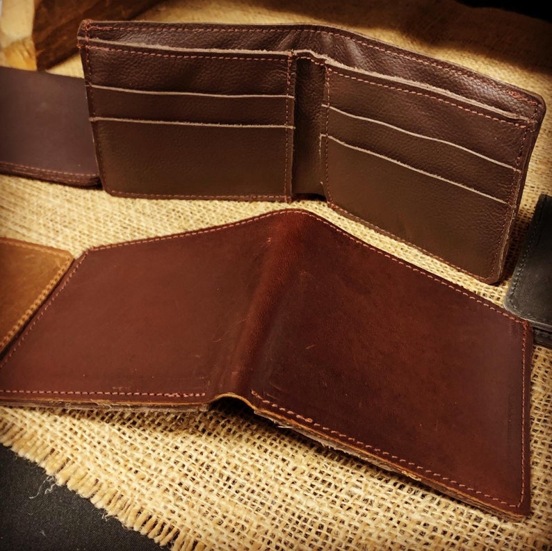 Leather Bifold Wallet English Bridle Leather Brown or Black Handmade Full Grain Optional Grommet for Chain Made in USA image 6