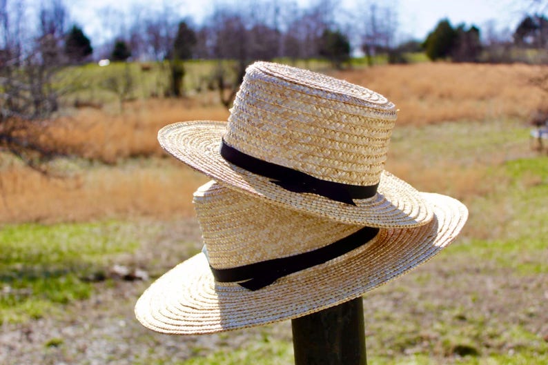 Amish Straw Hat, Authentic Historic Old Order Handmade Traditional Black Ribbon, Adult / Children Sizes, Made in USA