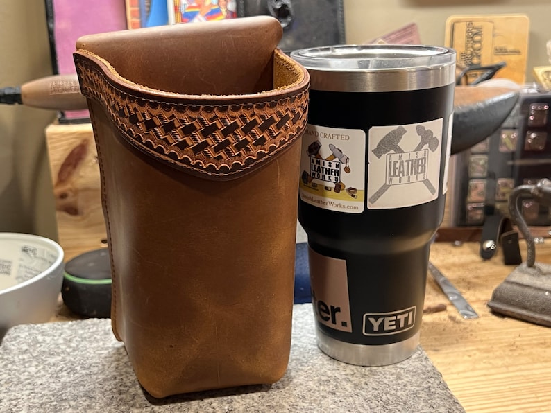 Handmade Leather Bottle Holder for Saddle, Tooled Travel Mug Holder with Clip, Made in USA