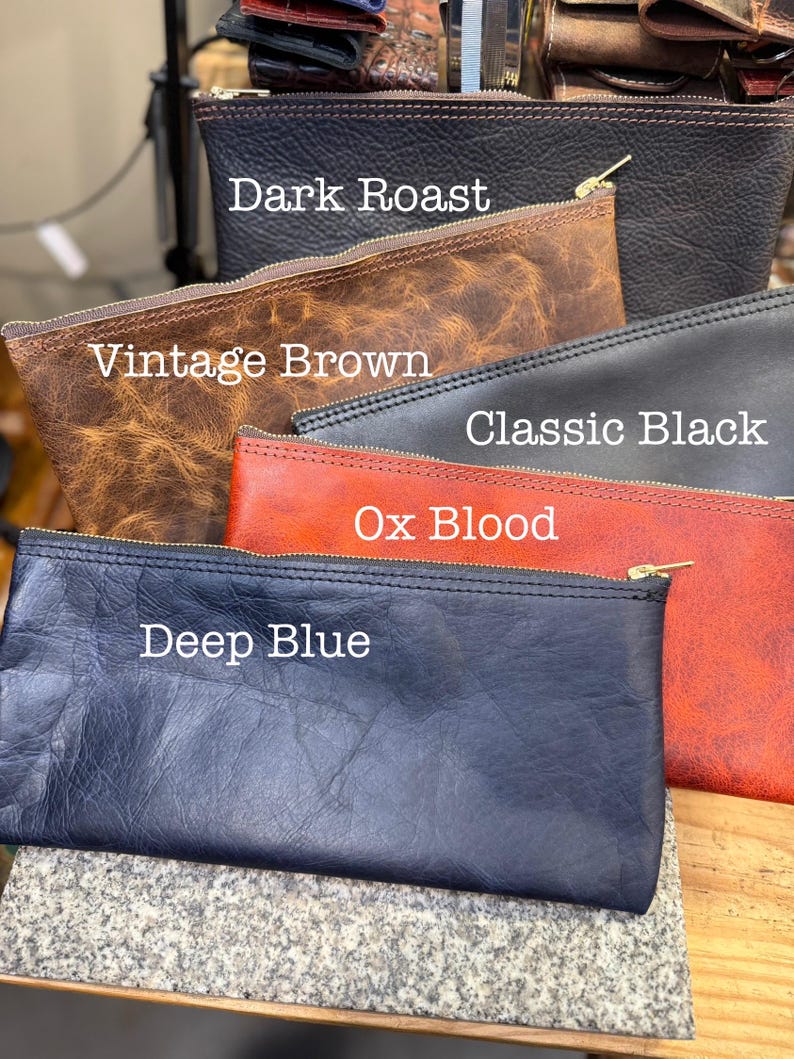 Leather Money Bag, Bank Bag, Solid Brass Zipper, Handmade Cash Storage Pouch, Full Grain Buffalo Leather, Personalized, Made in USA