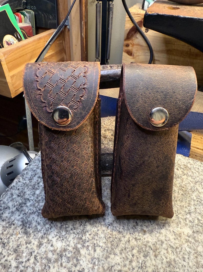 Leather Knife Case for Belt, Buffalo Leather Holster, Amish Handmade, Tooled Leather, Made in USA, belt, clip, belt loop