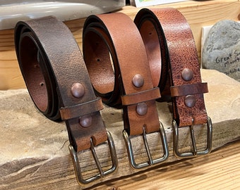 Ceinture en cuir de buffle - Ceinture habillée pour homme, boucle en laiton antique, boucle à rouleau, ceinture décontractée, amish fait main marron, cognac, noir, fabriquée aux États-Unis