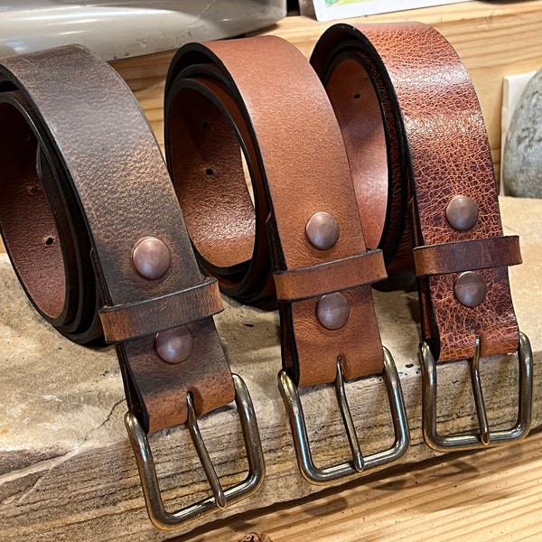 Ceinture en cuir de buffle - Ceinture habillée pour homme, boucle en laiton antique, boucle à rouleau, ceinture décontractée, amish fait main marron, cognac, noir, fabriquée aux États-Unis