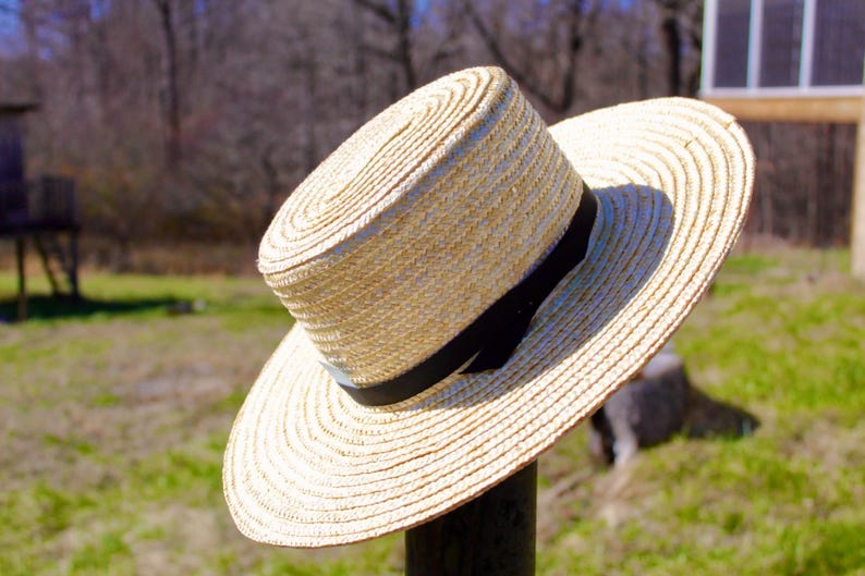 Amish Straw Hat, Authentic Historic Old Order Handmade Traditional Black Ribbon, Adult / Children Sizes, Made in USA