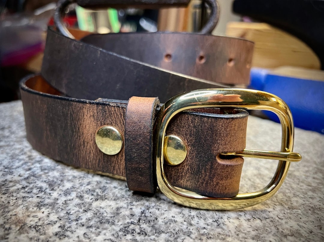 Mens Leather Dress Belt With Center Bar Buckle, Brass, Silver, Antique