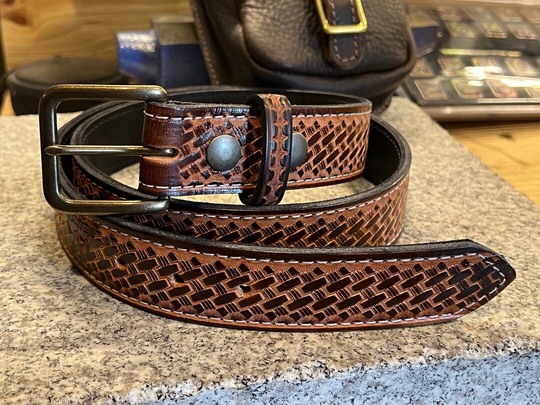 Basket Weave Leather Belt Full Grain Leather Embossed Solid Brass Antiqued Buckle Western Style Basket Weave Made in USA Etsy