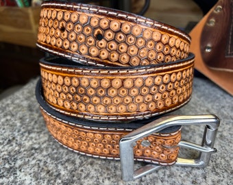 Honeycomb Tooled Leather Belt, Custom Beekeeper Hand Tooling, Full Grain Leather, Amish Handmade, Gift for Beekeeper, Made in USA