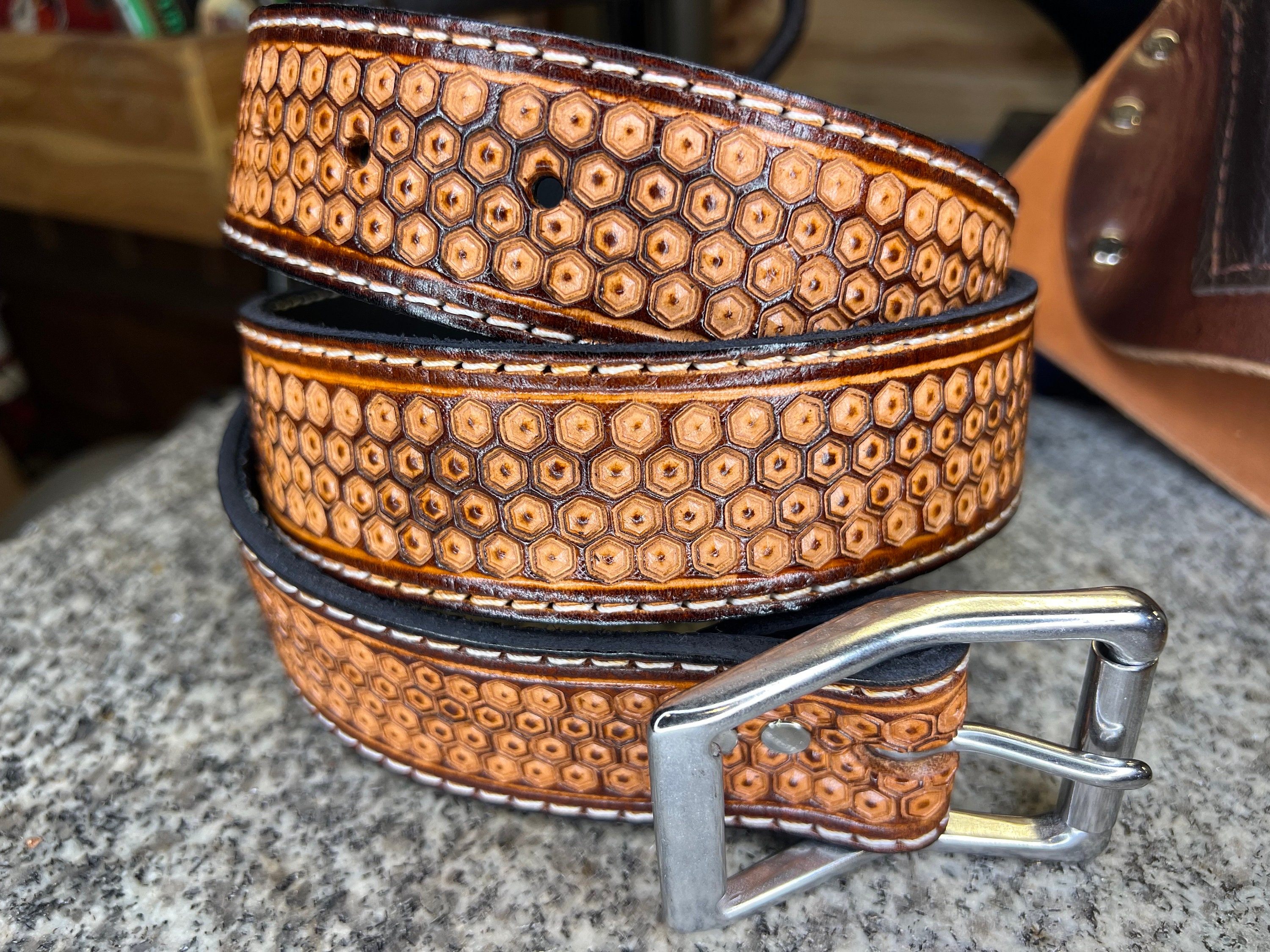 Honeycomb Tooled Leather Belt, Custom Beekeeper Hand Tooling, Full