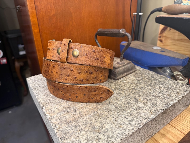 Ostrich Leather Belt for Men, 1.5” Handmade Full Grain Leather, Changeable Buckle, Made in USA