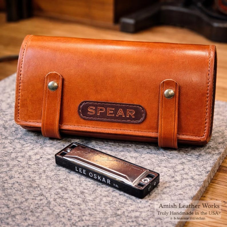 Handmade Leather Harmonica Case, Personalized Full Grain Leather Holster, USA