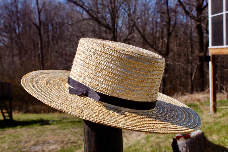 Amish Straw Hat, Authentic Historic Old Order Handmade Traditional Black Ribbon, Adult / Children Sizes, Made in USA