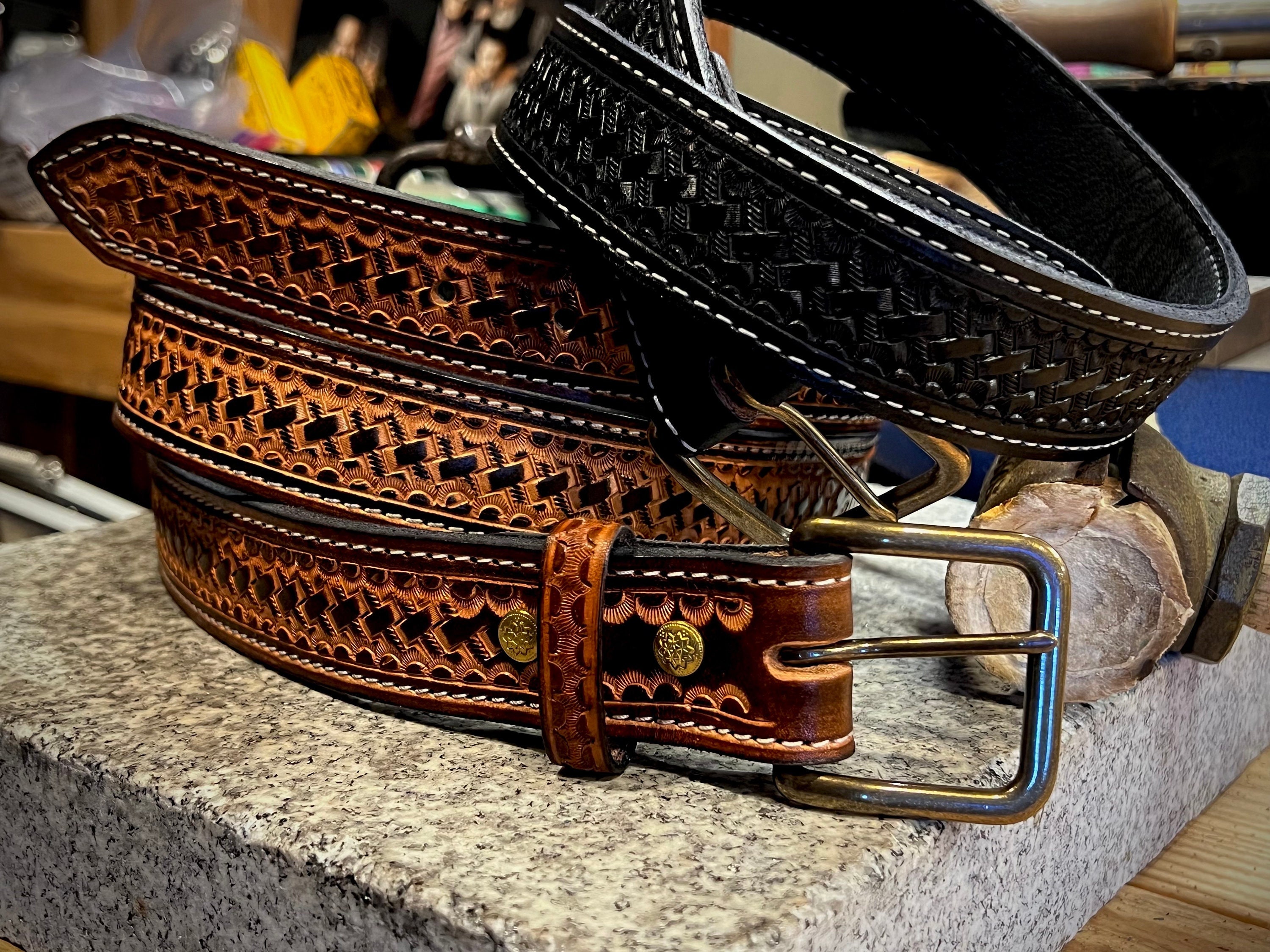 Deluxe Tooled Leather Belt - Hand Tooling Basket Weave - Full Grain Handmade - Antique Brass Buckle - Chicago Screws Made in USA - Western