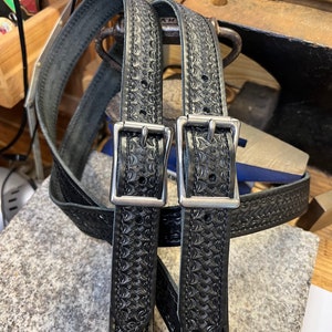 Handmade Leather Suspenders, Tooled Basket Weave, Full Grain Leather, Amish Made in USA
