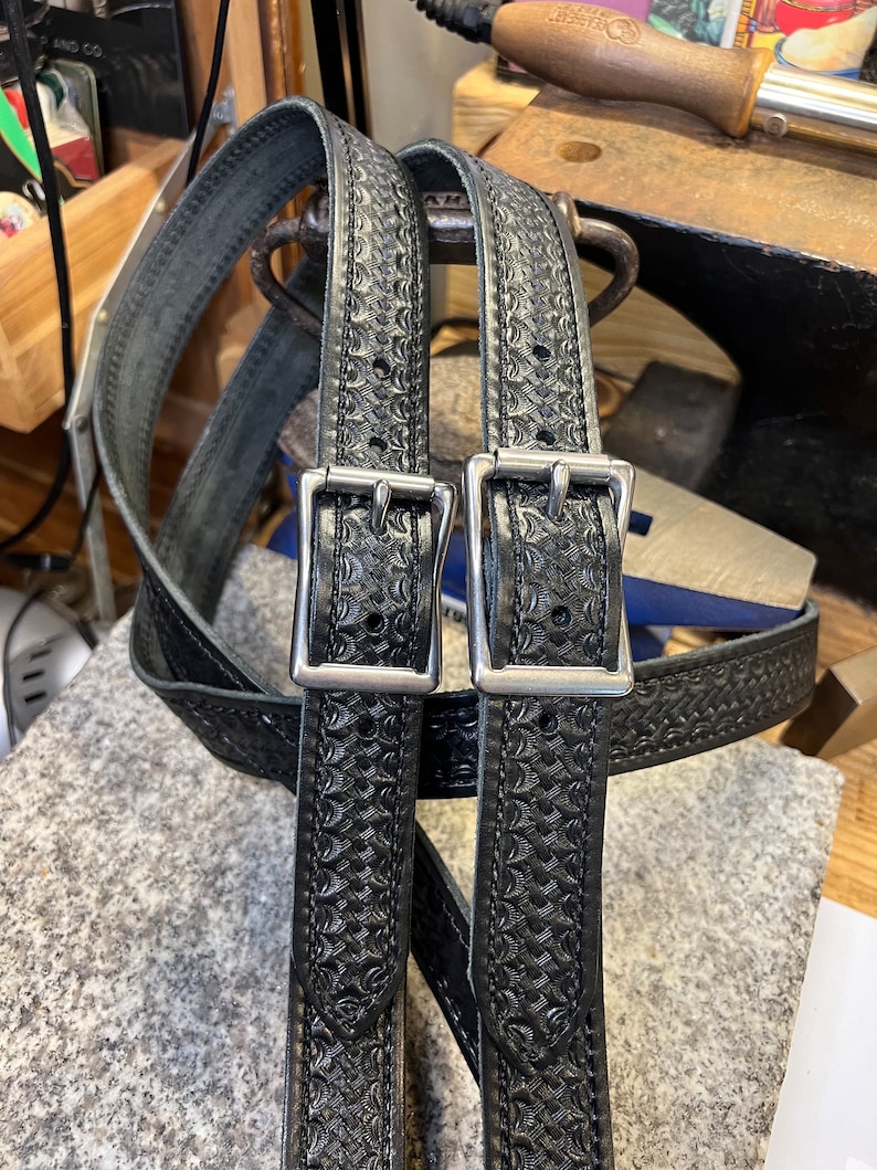 Handmade Leather Suspenders, Tooled Basket Weave, Full Grain Leather, Amish Made in USA