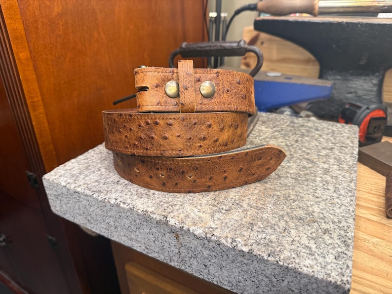 Ostrich Leather Belt for Men, 1.5” Handmade Full Grain Leather, Changeable Buckle, Made in USA