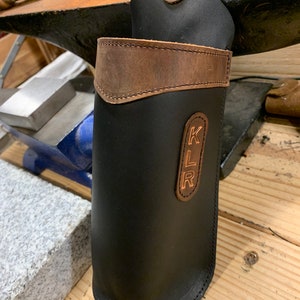 Leather Bottle Holder with Clip, Saddle Travel Mug Cozie, Handmade Full Grain Leather, Brown, Black, Green, Made in USA, Tie Down Strap