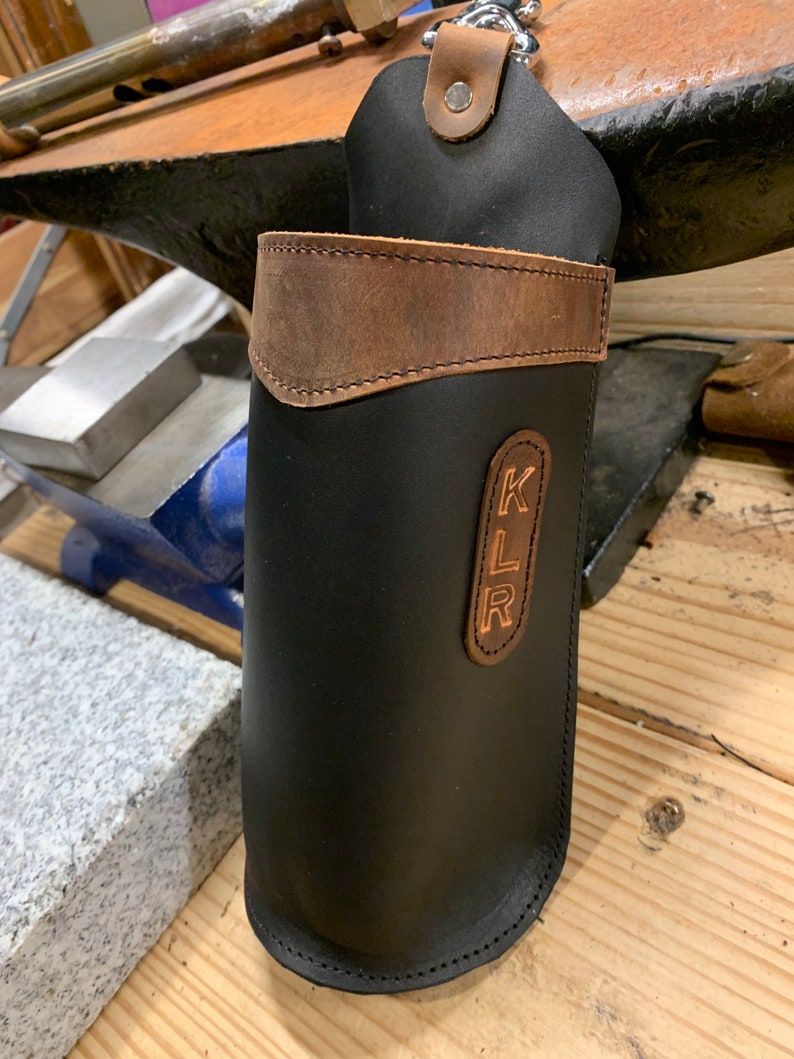 Leather Bottle Holder with Clip, Saddle Travel Mug Cozie, Handmade Full Grain Leather, Brown, Black, Green, Made in USA, Tie Down Strap