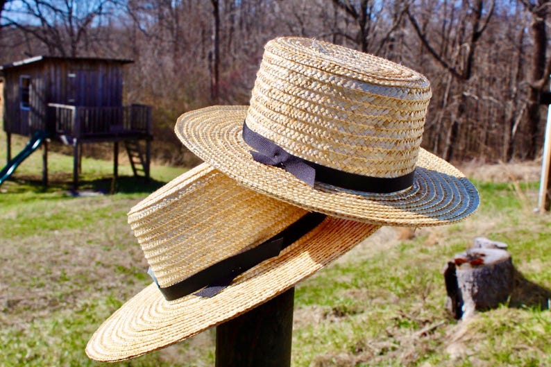 Amish Straw Hat, Authentic Historic Old Order Handmade Traditional Black Ribbon, Adult / Children Sizes, Made in USA