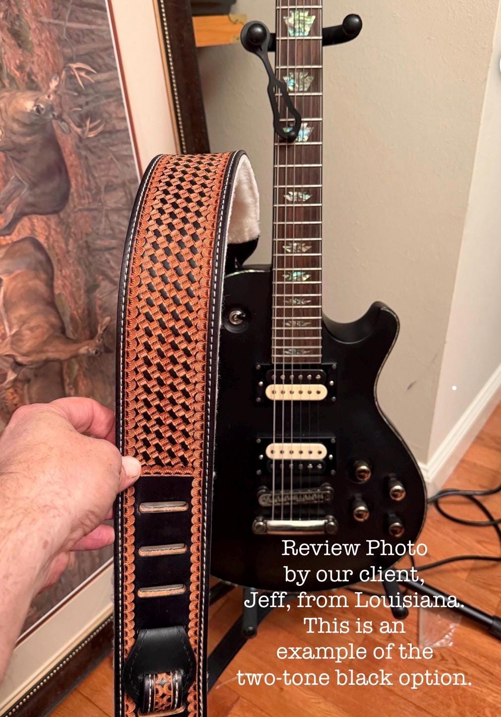 Big and Tall Leather Guitar Strap, Deluxe Hand Tooled Basket Weave
