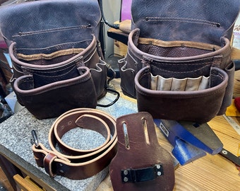 Handmade Leather Tool Belt with Suspenders, Full Grain Nail Bags, Amish Made in USA