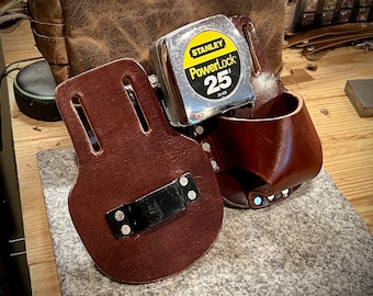 Leather Tape Measure Holder - for Tool Belts - with Optional Belt Clip - Handmade Full Grain Leather - Made in USA