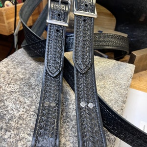 Handmade Leather Suspenders, Tooled Basket Weave, Full Grain Leather, Amish Made in USA