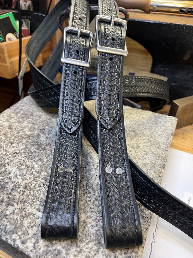 Handmade Leather Suspenders, Tooled Basket Weave, Full Grain Leather, Amish Made in USA