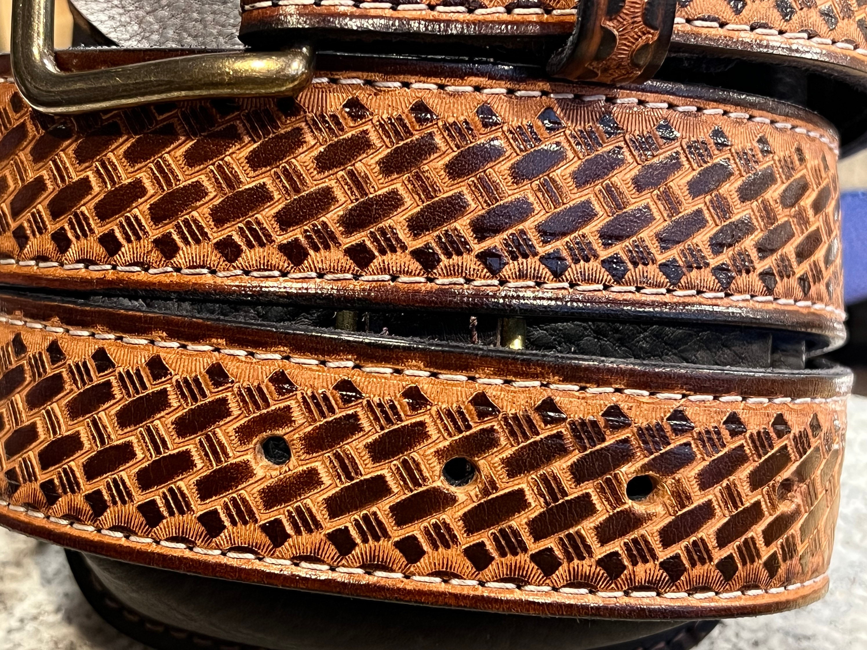 Basket Weave Leather Belt - / Full Grain Leather Embossed Basket Weave Leather Belt - / Full Grain Leather Embossed