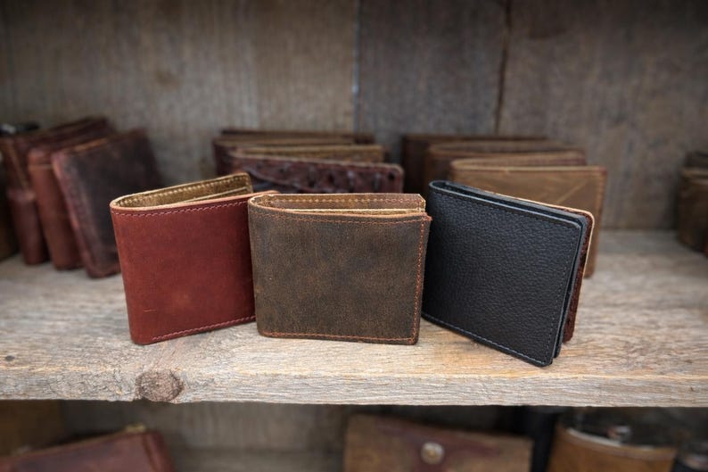 Leather Bifold Wallet, Brown, Black, Handmade Full Grain, Optional Grommet, Made in USA