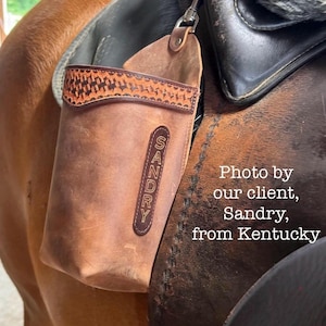 Handmade Leather Bottle Holder, Tooled Trim Travel Mug Holder for Saddle, Made in USA