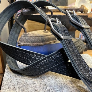 Handmade Leather Suspenders, Tooled Basket Weave, Full Grain Leather, Amish Made in USA