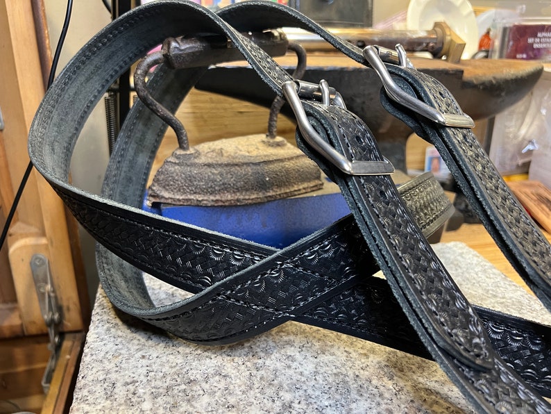Handmade Leather Suspenders, Tooled Basket Weave, Full Grain Leather, Amish Made in USA