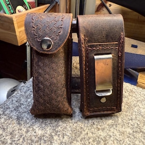 Leather Knife Case for Belt, Buffalo Leather Holster, Amish Handmade, Tooled Leather, Made in USA