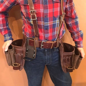 Leather Tool Belt with Suspenders, Professional Nail Bags, Handmade Pouch, Amish Full Grain Leather, Drill Holster, Tool Slots, Made in USA