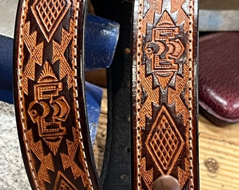 Vintage SouthWester/Aztec Handcrafted Tooled Leather Belt Made in USA Vintage Southwestern/Aztec Handcrafted Tooled Genuine  main image 4