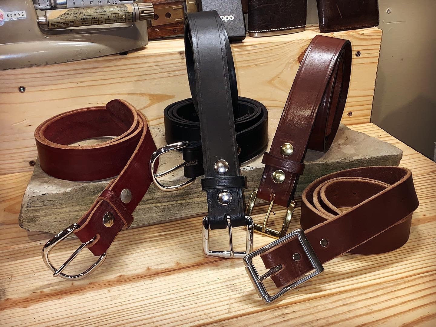 Buffalo Leather Belt Mens Dress Belt, Antique Brass Buckle, Roller Buckle,  Casual Belt, Amish Handmade Brown, Cognac, Black, Made in USA 