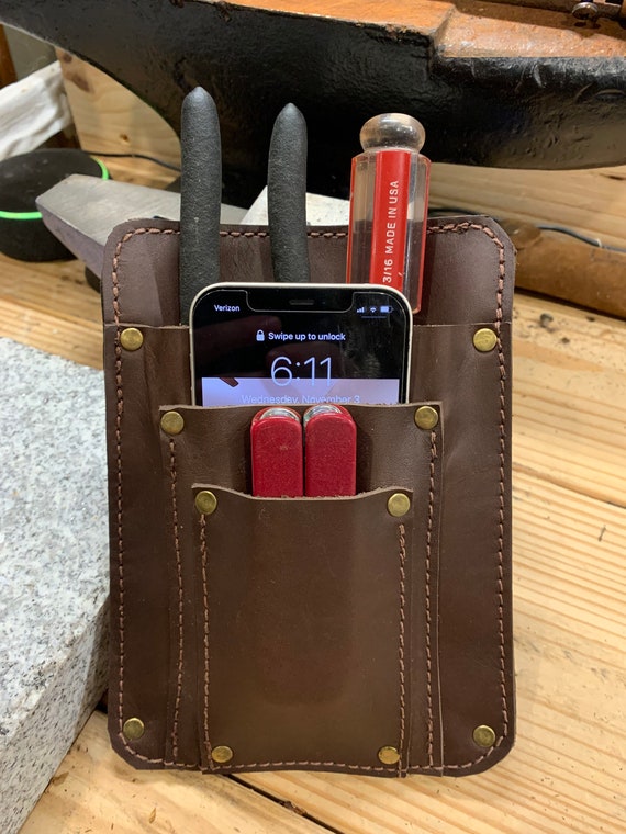 Leather Utility Tool Pouch with Phone Slot, Handmade Plier Holster for Belt, Made in USA
