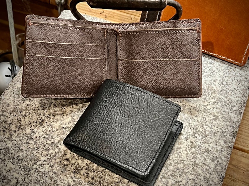 Leather Bifold Wallet English Bridle Leather Brown or Black Handmade Full Grain Optional Grommet for Chain Made in USA image 2