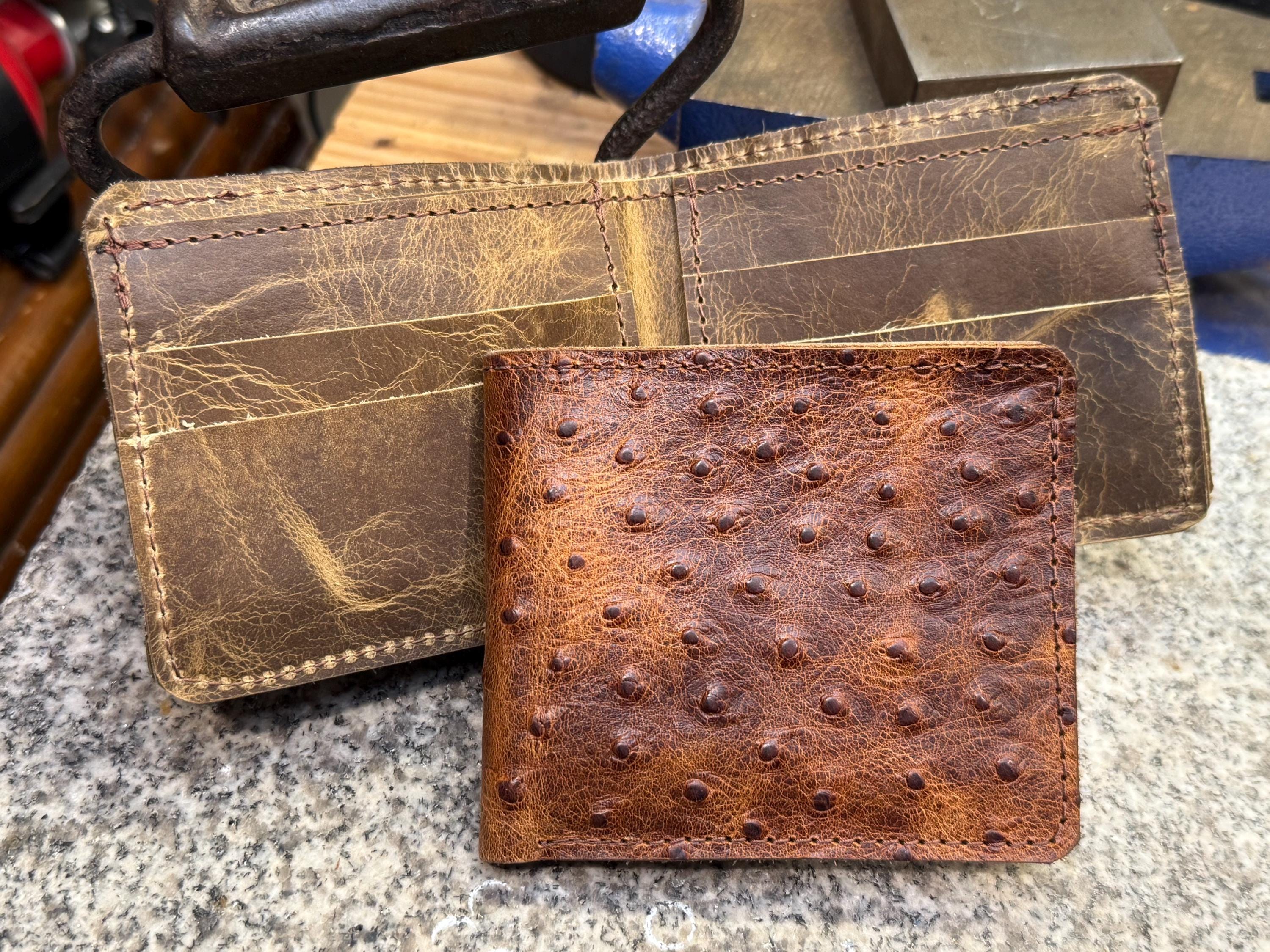 Ostrich Leather Wallet, Handmade Full Grain Bifold, Personalized