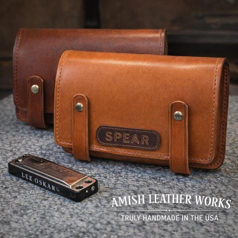 Handmade Leather Harmonica Case, Personalized Full Grain Leather Holster, USA