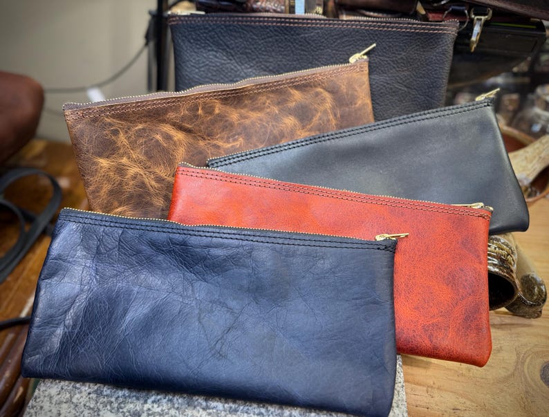 Leather Money Bag, Bank Bag, Solid Brass Zipper, Handmade Cash Storage Pouch, Full Grain Buffalo Leather, Personalized, Made in USA
