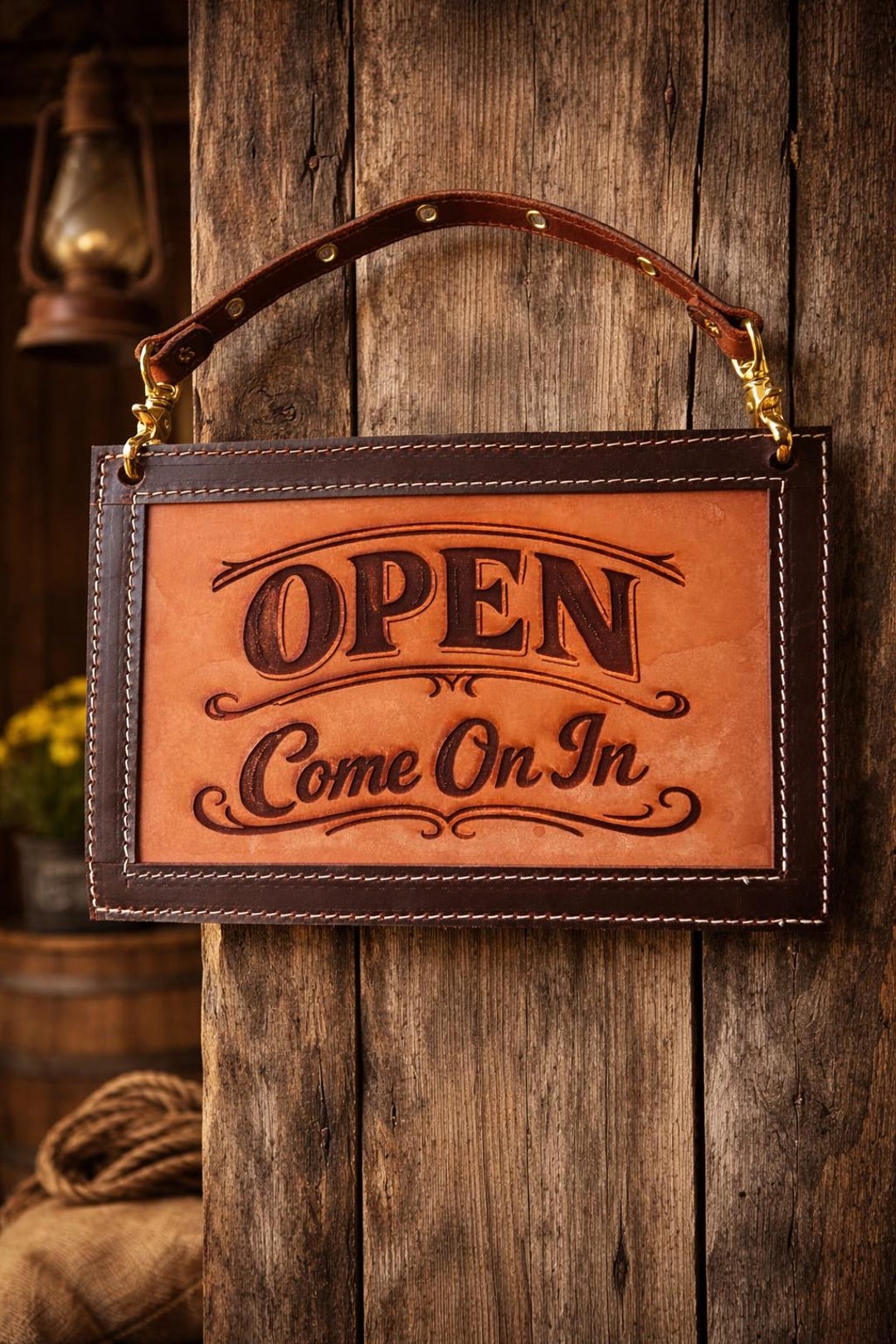 Leather Open Closed Sign, Rustic Shop Welcome Sign, Handmade Double ...