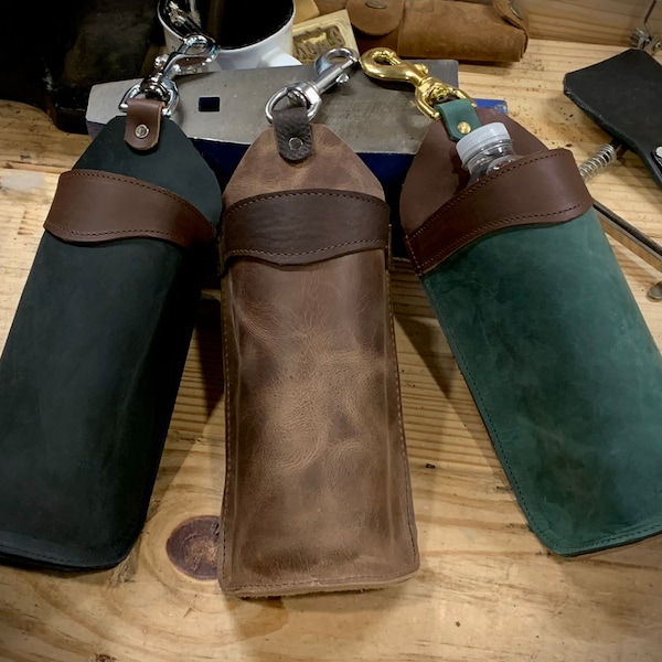 Leather Bottle Holder, Amish Handmade Saddlebag, Brown, Black, Green, Made in USA, Optional Tie Down Strap, Free Shipping