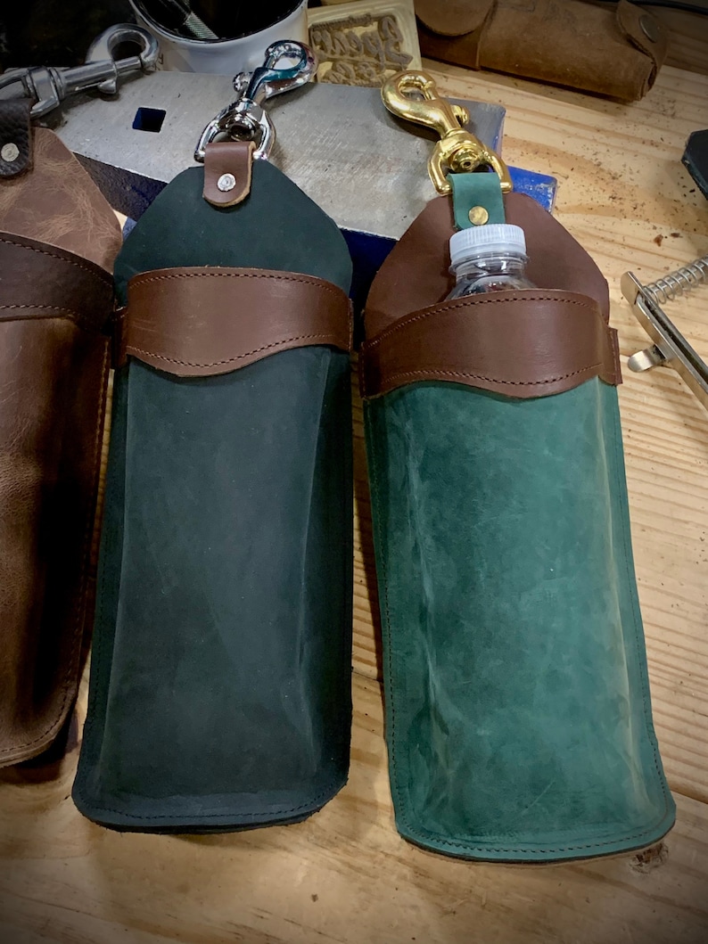 Flaschenhalter aus Leder, handgefertigte Satteltasche von Amish, braun, schwarz, grün, hergestellt in den USA, optionaler Spanngurt, kostenloser Versand Bild 4