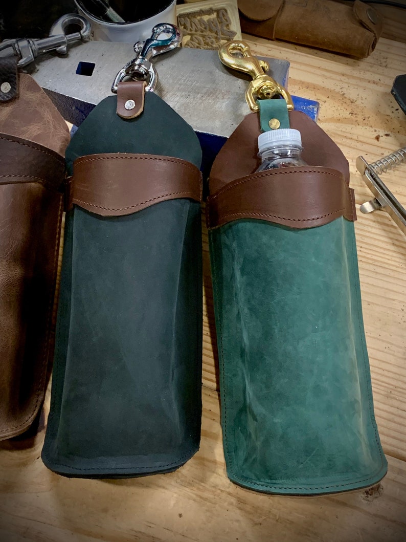 Leather Bottle Holder with Clip, Saddle Travel Mug Cozie, Handmade Full Grain Leather, Brown, Black, Green, Made in USA, Tie Down Strap