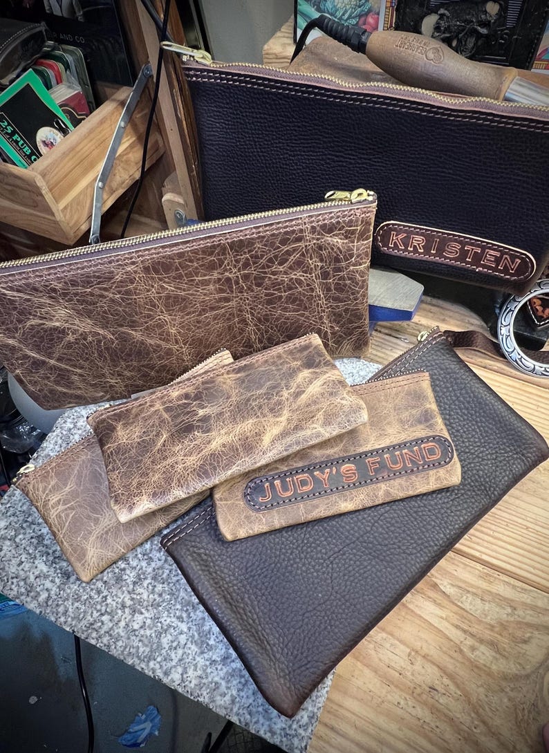 Leather Money Bag, Buffalo Bank Bag with Brass Zipper, Handmade Cash Storage Pouch, Full Grain Leather, Personalized, Made in USA