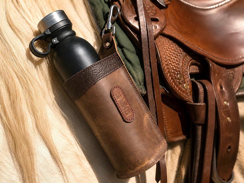 Handmade Leather Bottle Holder for Saddle, Full Grain Leather, Amish Made in USA